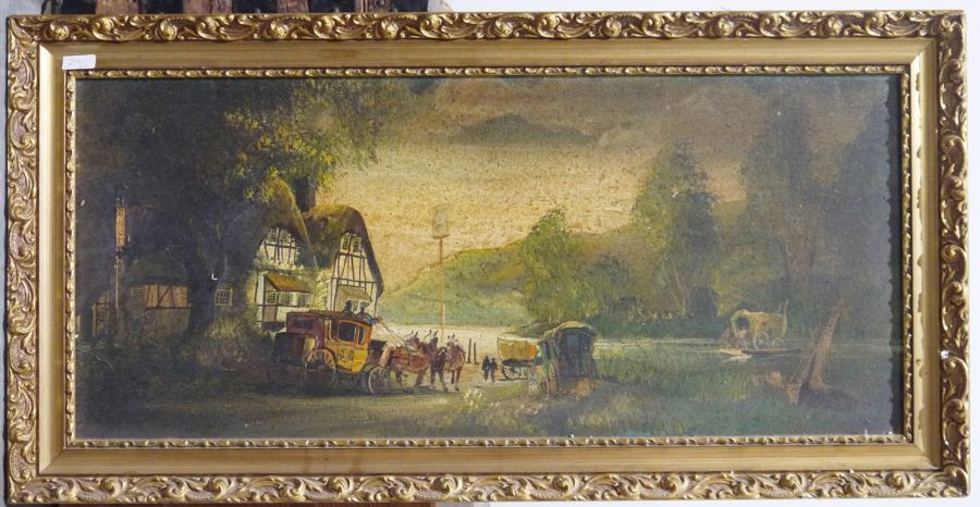 Oil on canvas Thatched cottage with a turret, possibly an inn, with a coach and horses coming - Image 2 of 2