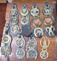 Collection of horse brasses, loose and some mounted featuring cats, deer, trains, etc