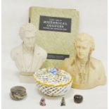 Plaster bust of Mozart, a porcelain bust of Chopin, a tint book of historical colours by Thomas