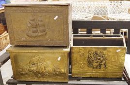Metal-cased wooden boxes with embossed decoration of ships and a magazine rack similar