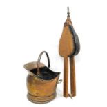 Copper coal scuttle and a pair of oak bellows (2)