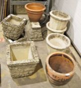 Nine composite stone planters and plant pots and four terracotta plant pots (13)