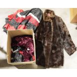 Box of assorted linen and lace tablecloths, a vintage fur coat, etc (2 boxes)