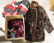 Box of assorted linen and lace tablecloths, a vintage fur coat, etc (2 boxes)