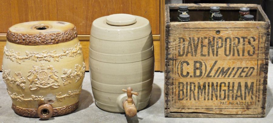 Doulton & Watts Lambeth salt glazed keg barrel, a Parsons stoneware keg barrel and a vintage