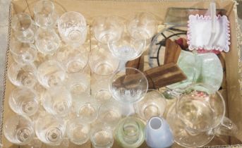 Early 20th century Fenton satin glass basket, a set of six Ravenhead 'Siesta' pattern tumblers, a