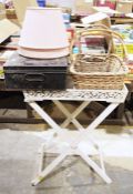 Black metal tin, a modern butlers tray, two wicker baskets and two lampshades (6)