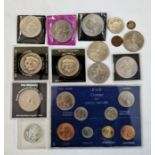 1966 specimen coin set, 10 commemorative crowns and 1964 clad silver half dollar encased, 1973