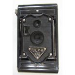 Vintage Rajar no 6 folding camera, together with a Kodak no 2 Hawkette bakelite cased camera and