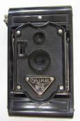 Vintage Rajar no 6 folding camera, together with a Kodak no 2 Hawkette bakelite cased camera and