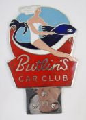 Enamelled white metal Butlins Car Club badge, no.997, 14cm x 9cm