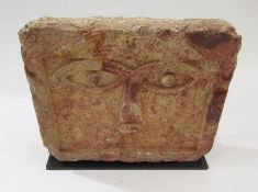 Antique limestone stele, funerary eye plaque, depicting two eyes with nose within rectangular