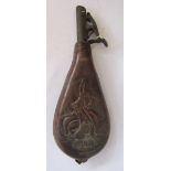 Leather embossed short flask made by James Dixon and Sons, brass powder flask made by JW Hawkley and