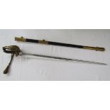 Officers naval sword with etched decoration to blade, gilt brass pierced guard with anchor