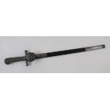 19th century German hunting sword, white metal grip with hunting scene decoration, blade stamped '