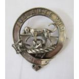 Victorian white metal plaid Scottish brooch with hunting dog and motto 'Jus Ante Vim', 'M. Rettie