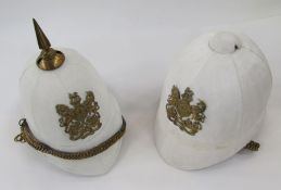 Two Royal Engineers white pith helmets, one with spike top.