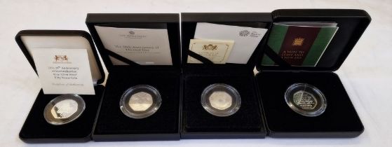 Silver Proof (4) UK 50p's, 2019 Stephen Hawking, withdrawal from the European Union, 50th