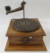 Stained wood gramophone with metal arm and metal mounted wooden horn, the base 32cm square, the horn