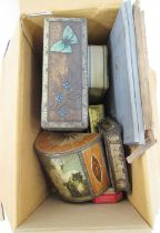 Quantity decorative tins including Rowntree & Co, Carr & Co, Army Club, Jacob & Co butterfly