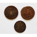 Russian coins (3), two 10 kopeks 1788 & 1833 with one 5 kopeks, 1833
