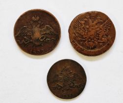 Russian coins (3), two 10 kopeks 1788 & 1833 with one 5 kopeks, 1833