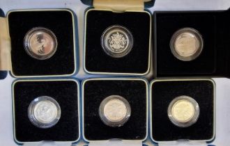 Silver Proof (6) UK £1 Coins, 2008 with certificate of authenticity, 1990, 1993, 1998x2, 1999.