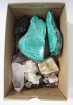 Collection of fossils and stones to include two section of malachite, quartz, fools gold, etc