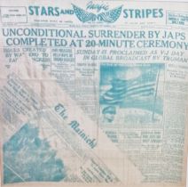 Two WWII printed handkerchiefs within wooden frames, surrender of the Japanese, September 2nd,