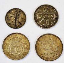 UK coins of 2 George V and George IV Crowns, Victoria double florin and US half dollar 1937
