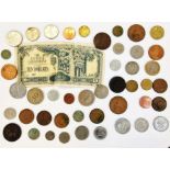 Tin money box with key and a quantity of world and English coins, various denominations and grades