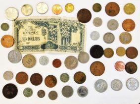 Tin money box with key and a quantity of world and English coins, various denominations and grades