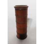 Antique treen five-section turned wood spice box, 21cm high x 8.5cm diameter and a pestle of