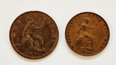 Victoria penny & half penny, penny, 1874 some original lustre, good fine possibly better. 1858/7
