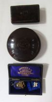 Tortoiseshell snuff box, WMF tea strainer, quantity old keys, enamel and other badges, and other