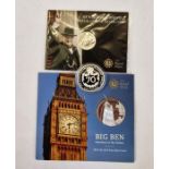 UK silver coins, Big Ben £100, 2015 Sir Winston Churchill £20 and Alderney 2022 £5