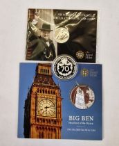 UK silver coins, Big Ben £100, 2015 Sir Winston Churchill £20 and Alderney 2022 £5