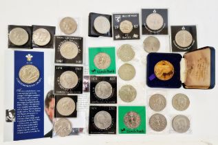 Box of commemorative crowns (21), a Tower of London commemorative medallion and five pounds (4).