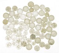 Quantity of George V one florin coins, mostly 1920s, also including shillings and other coins (2