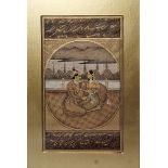 20th century Indian miniature painting Gouache and gilding on paper  Pair of lovers on terracing