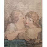 Pair of colour stipple engravings, pairs of winged cherubs, 36cm x 31cm (excluding frame), a small