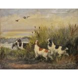 Late 19th/early 20th century school Oil on canvas Lakeside scene with gun dogs, one retrieving a