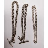 Two silver graduated albert chains with T-bars, 89.7g approx., and another length of graduated