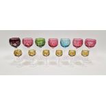 Set of coloured flashed and engraved drinking glasses, 20th century, cut and engraved with