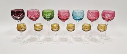 Set of coloured flashed and engraved drinking glasses, 20th century, cut and engraved with