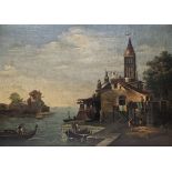 Circle of Marieschi Oil on canvas Coastal scene with foreground depicting figures in boats beside