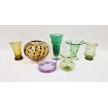 Group of coloured glassware including an Art Deco uranium green trumpet-shaped vase, an amethyst