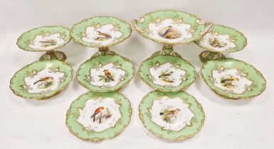 19th century English porcelain ornithological green ground dessert service, each painted with a