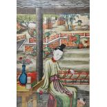 Chinese school Watercolour on print Reclining female figure in garden, 77cm x 52cm  Condition Report