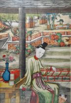 Chinese school Watercolour on print Reclining female figure in garden, 77cm x 52cm  Condition Report